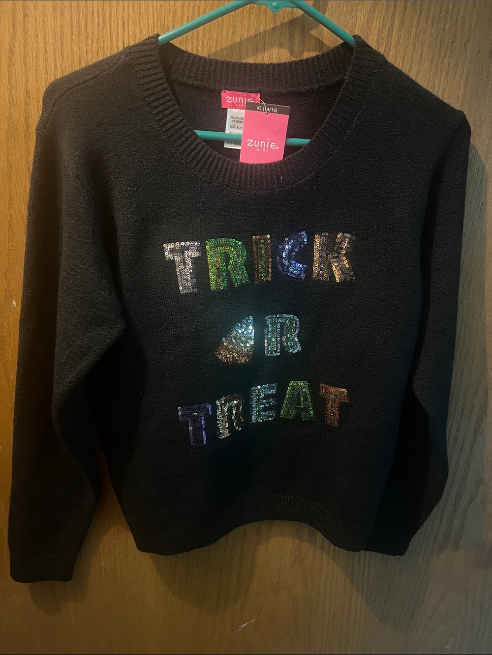 Zunie Black Crewneck Sweater with Multicolor Sequin 'Trick or Treat'